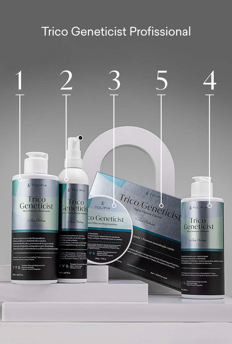 Fotografia com os produtos do Kit Profissional Trico Geneticist, enumerados conforme a descrição no texto.