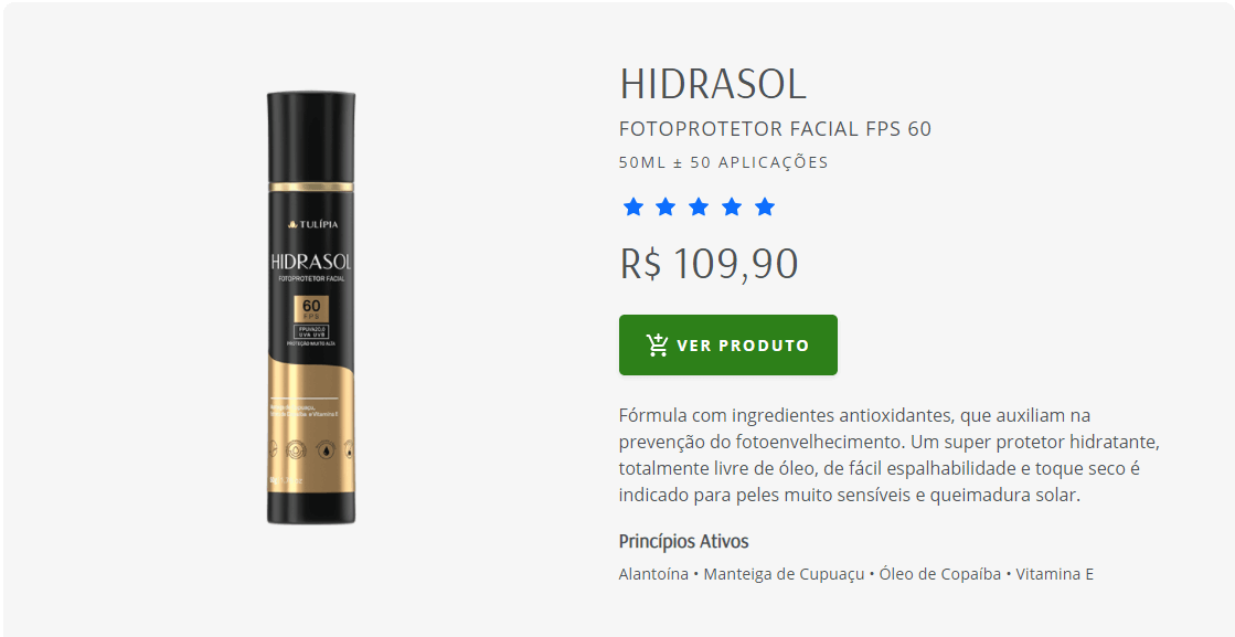 Imagem do Hidrasol Fotoprotetor Facial FPS60 da Tulípia